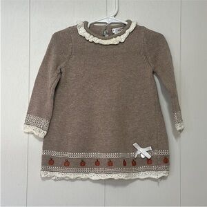 Girls' Brown Knit Dress with Lace Trim 12m